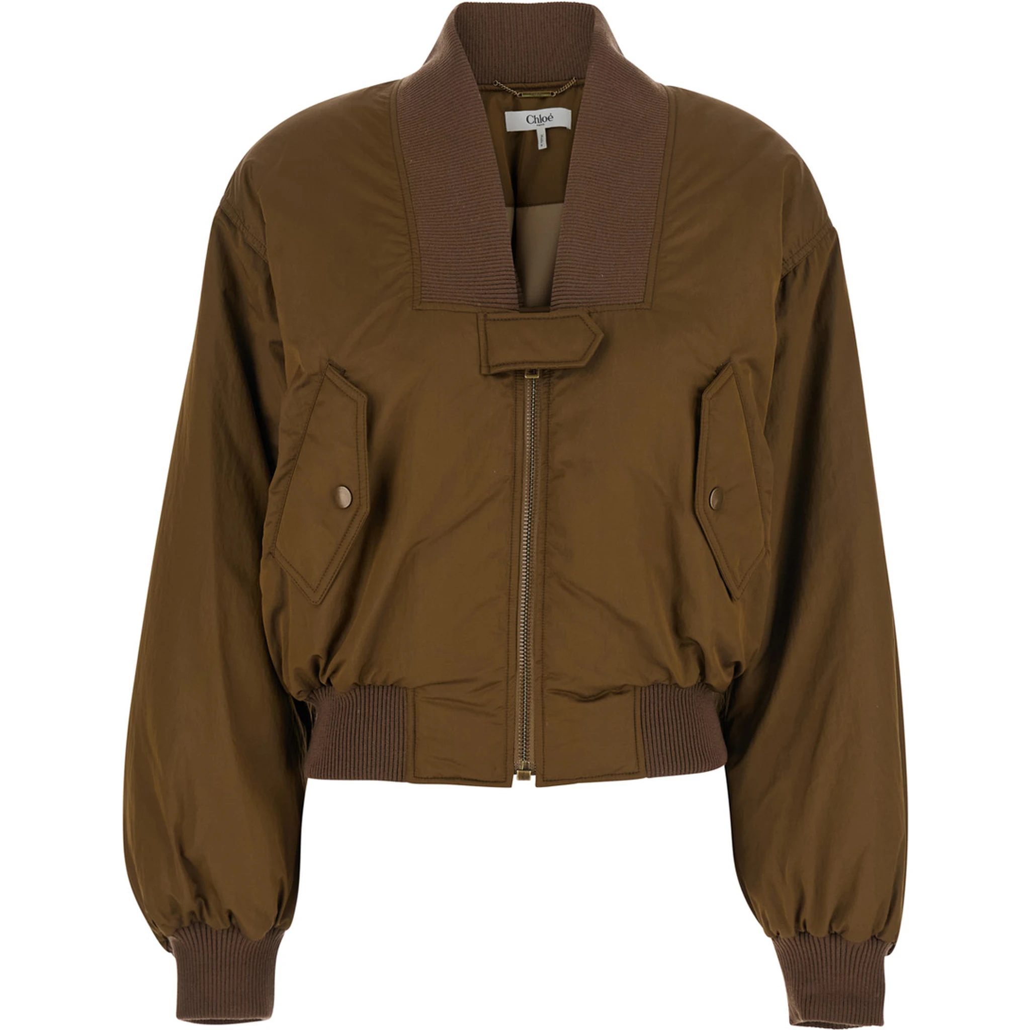 Brown Bomber Jacket with V Neck and Front Zip Closure in Tech Fabric Woman