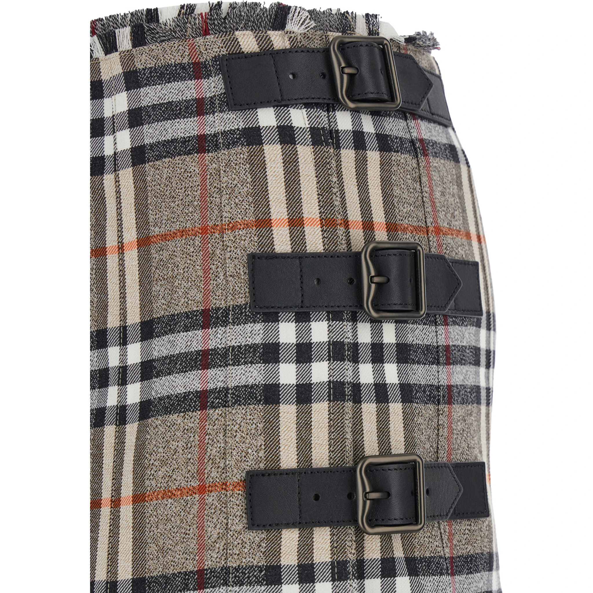 Beige Midi Skirt with Side Buckle Closure and All-Over Check Motif in Wool Woman