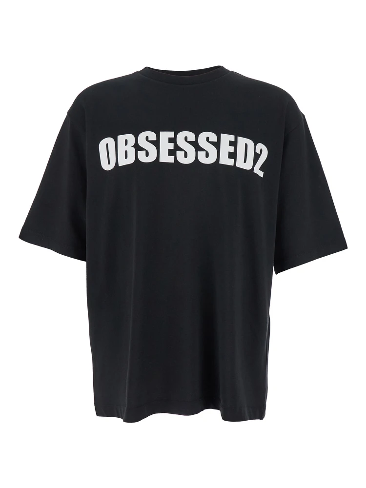 Black Crewneck T-Shirt with Maxi Logo Lettering on the Front in Cotton Man