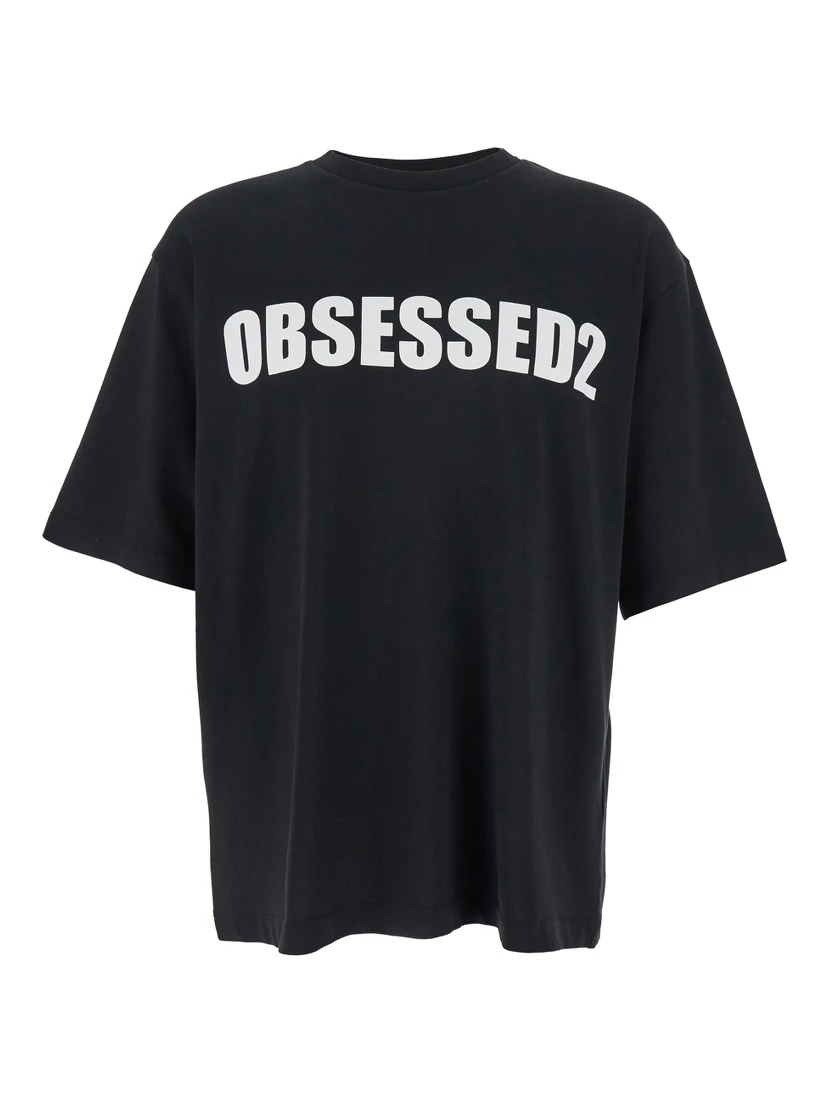 Black Crewneck T-Shirt with Maxi Logo Lettering on the Front in Cotton Man