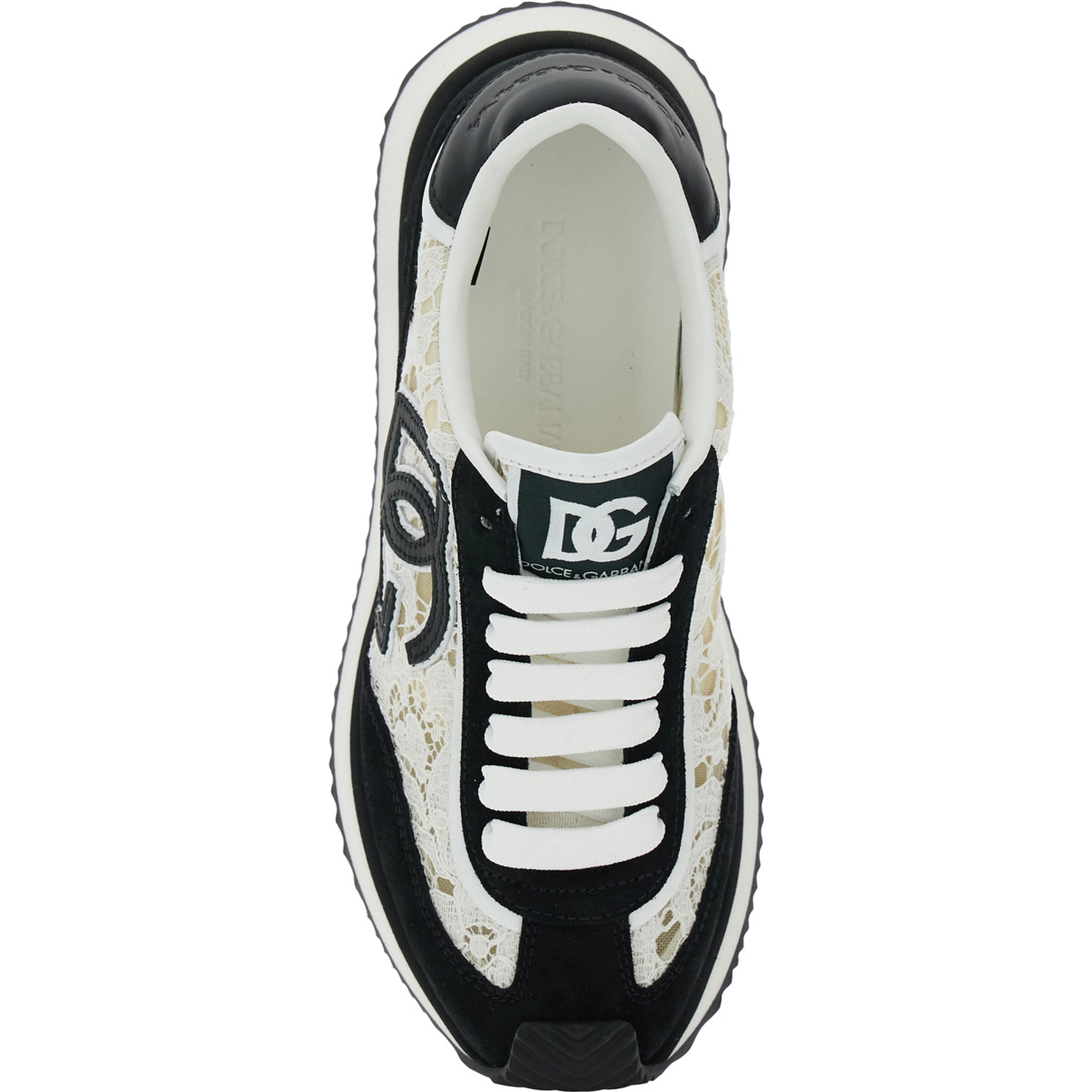 Black and White Low Top with Lace Details and DG Patch on the Side in Fabric and Suede Blend Woman
