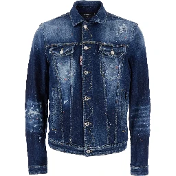 Dan Blue Jacket with Classic Collar and All-Over Painted Details in Denim Man