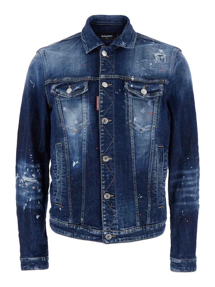 Dan Blue Jacket with Classic Collar and All-Over Painted Details in Denim Man