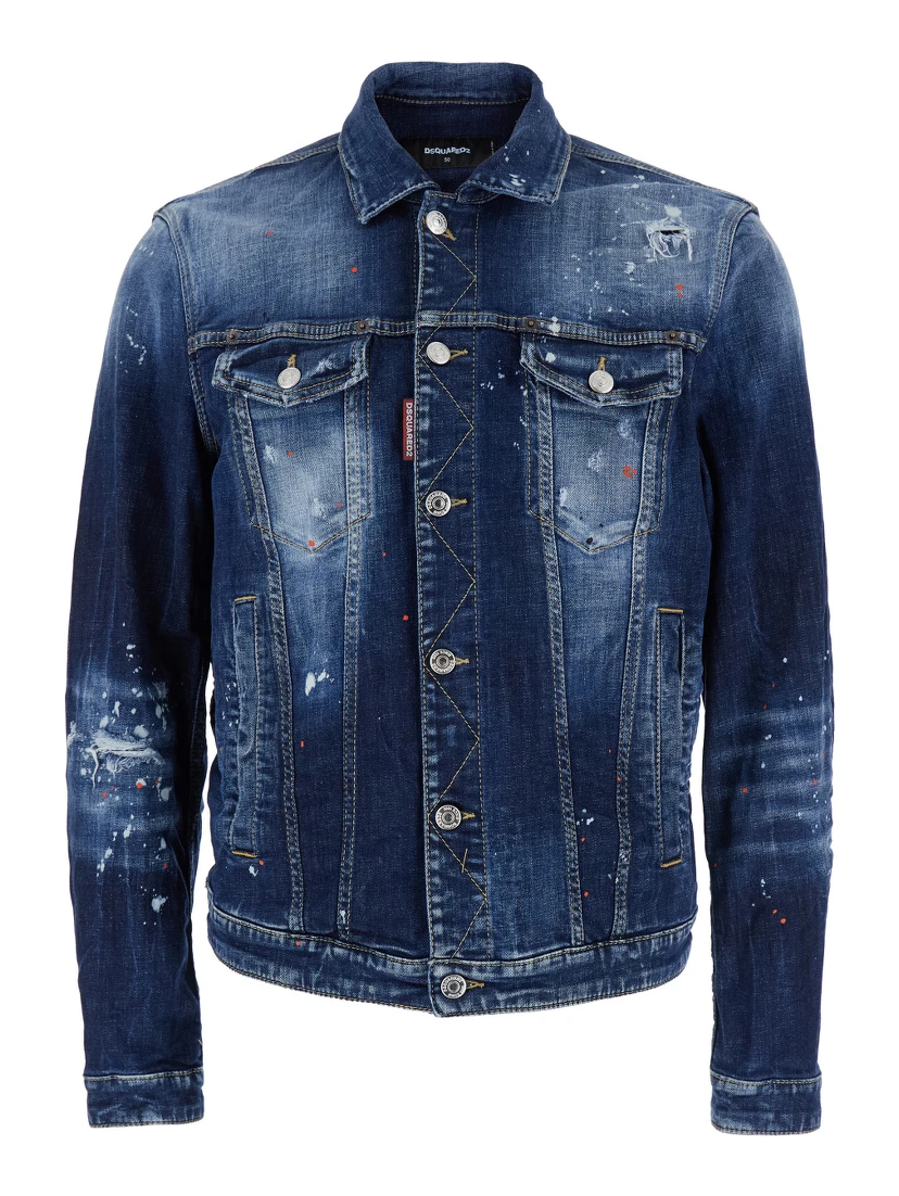 Dan Blue Jacket with Classic Collar and All-Over Painted Details in Denim Man