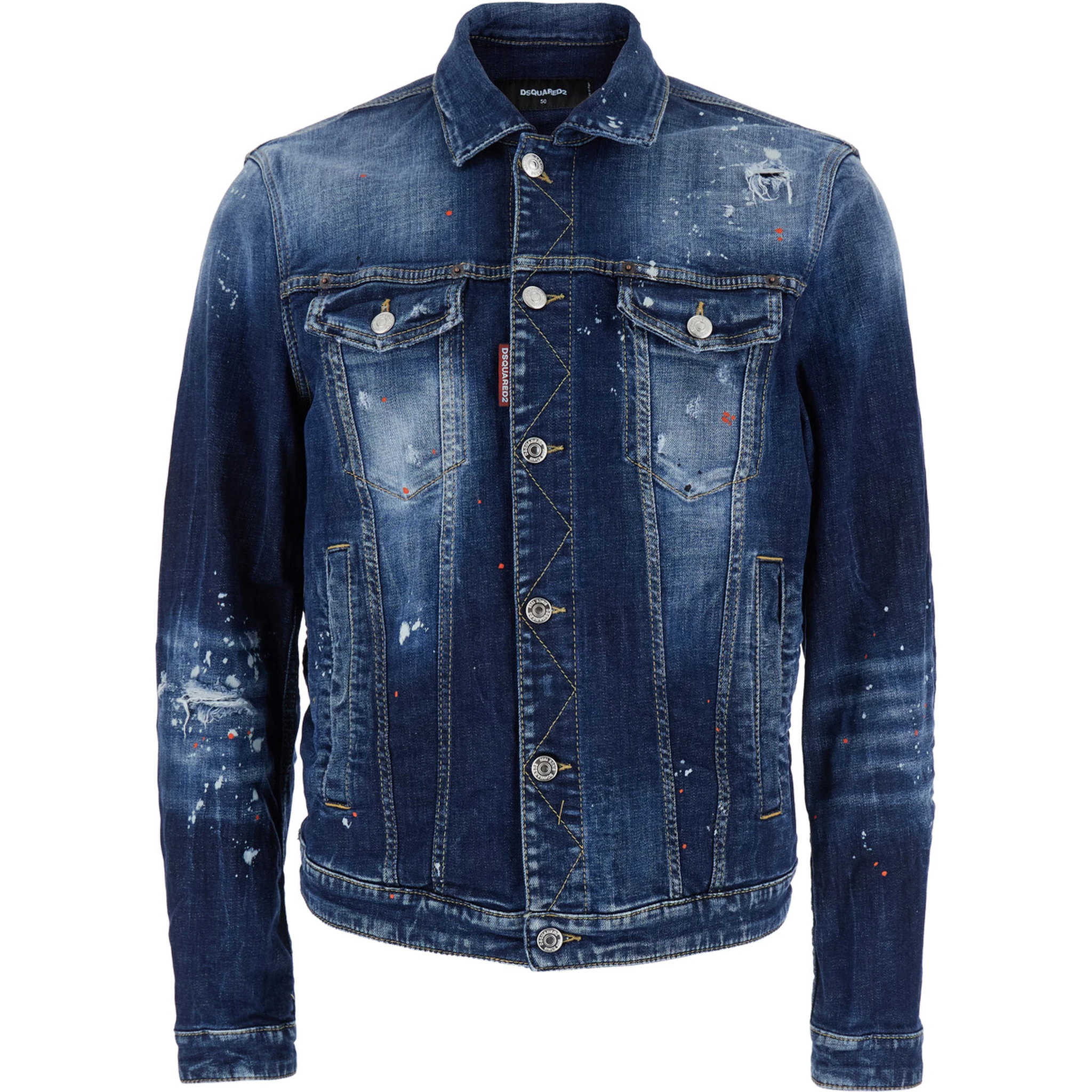 Dan Blue Jacket with Classic Collar and All-Over Painted Details in Denim Man