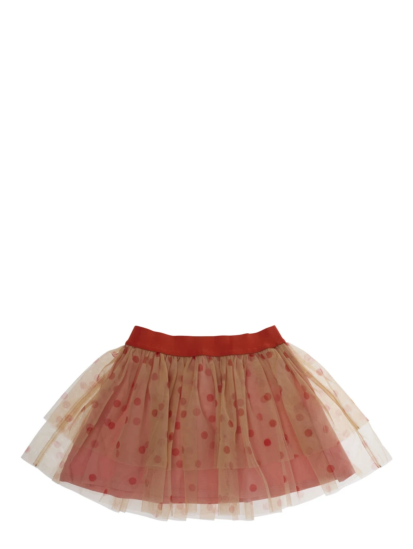 Pink Skirt with Layered Tulle and All-Over Polka-Dot Motif in Tech Fabric Girl