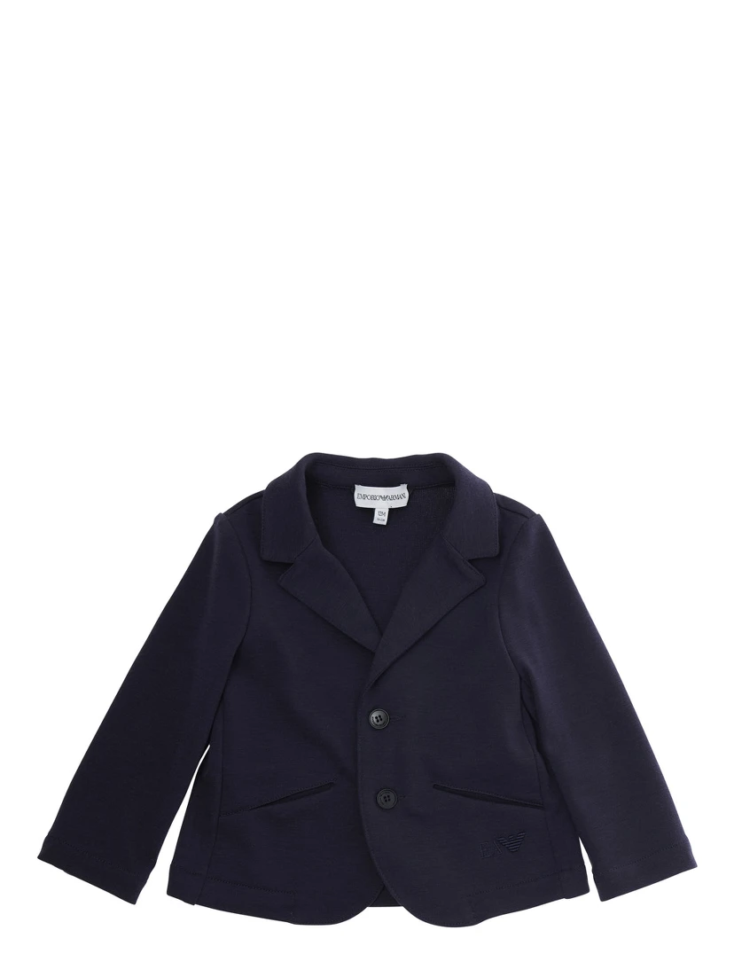 Blue Single-Breasted Jacket with Notched Revers and Logo Patch on the Sleeve in Fabric Baby