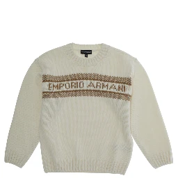 White Crewneck Sweater with Maxi Logo Lettering on the Front and Ribbed Trims in Wool Blend Boy