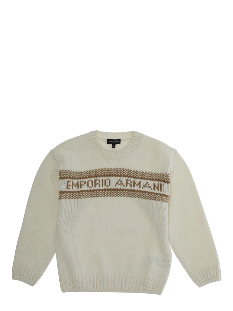 White Crewneck Sweater with Maxi Logo Lettering on the Front and Ribbed Trims in Wool Blend Boy
