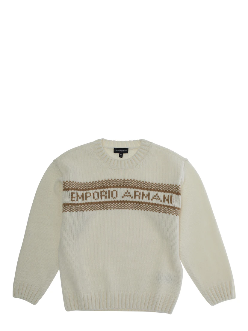 White Crewneck Sweater with Maxi Logo Lettering on the Front and Ribbed Trims in Wool Blend Boy