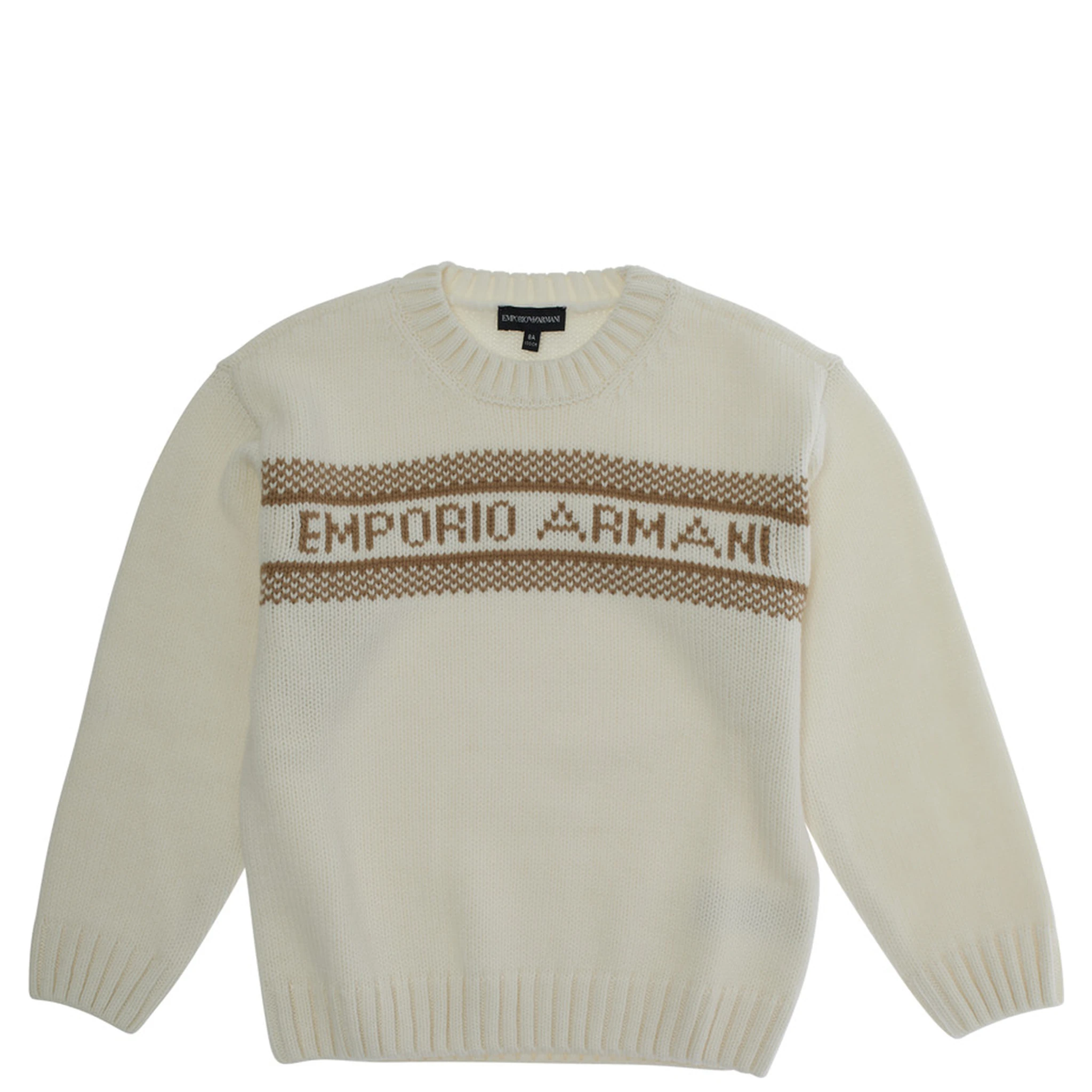 White Crewneck Sweater with Maxi Logo Lettering on the Front and Ribbed Trims in Wool Blend Boy