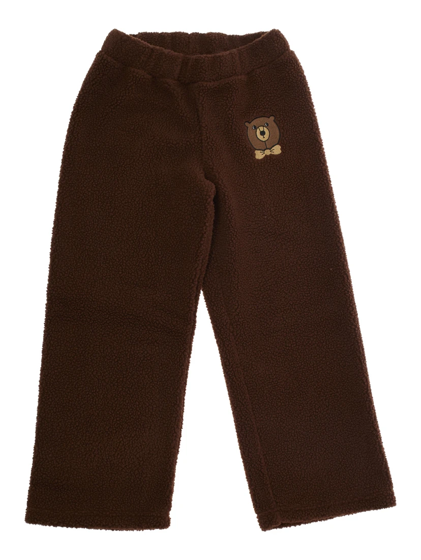 Brown Trousers with Elastic Waist and Front Logo Patch in Faux Fur Girl