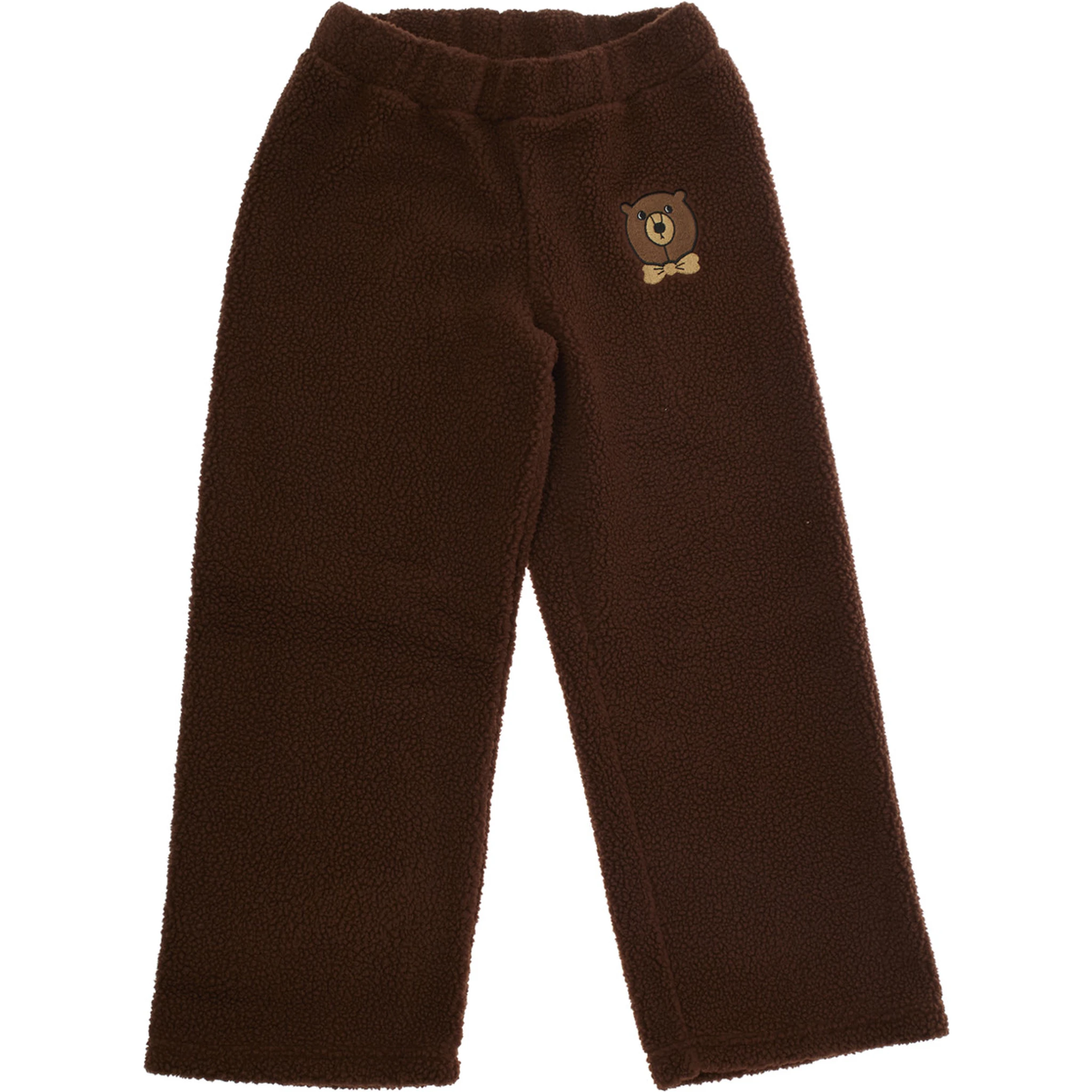 Brown Trousers with Elastic Waist and Front Logo Patch in Faux Fur Girl