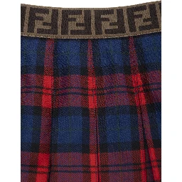 Red Skirt with Elastic Waist with FF Logo and All-Over Plaid Motif in Wool Girl