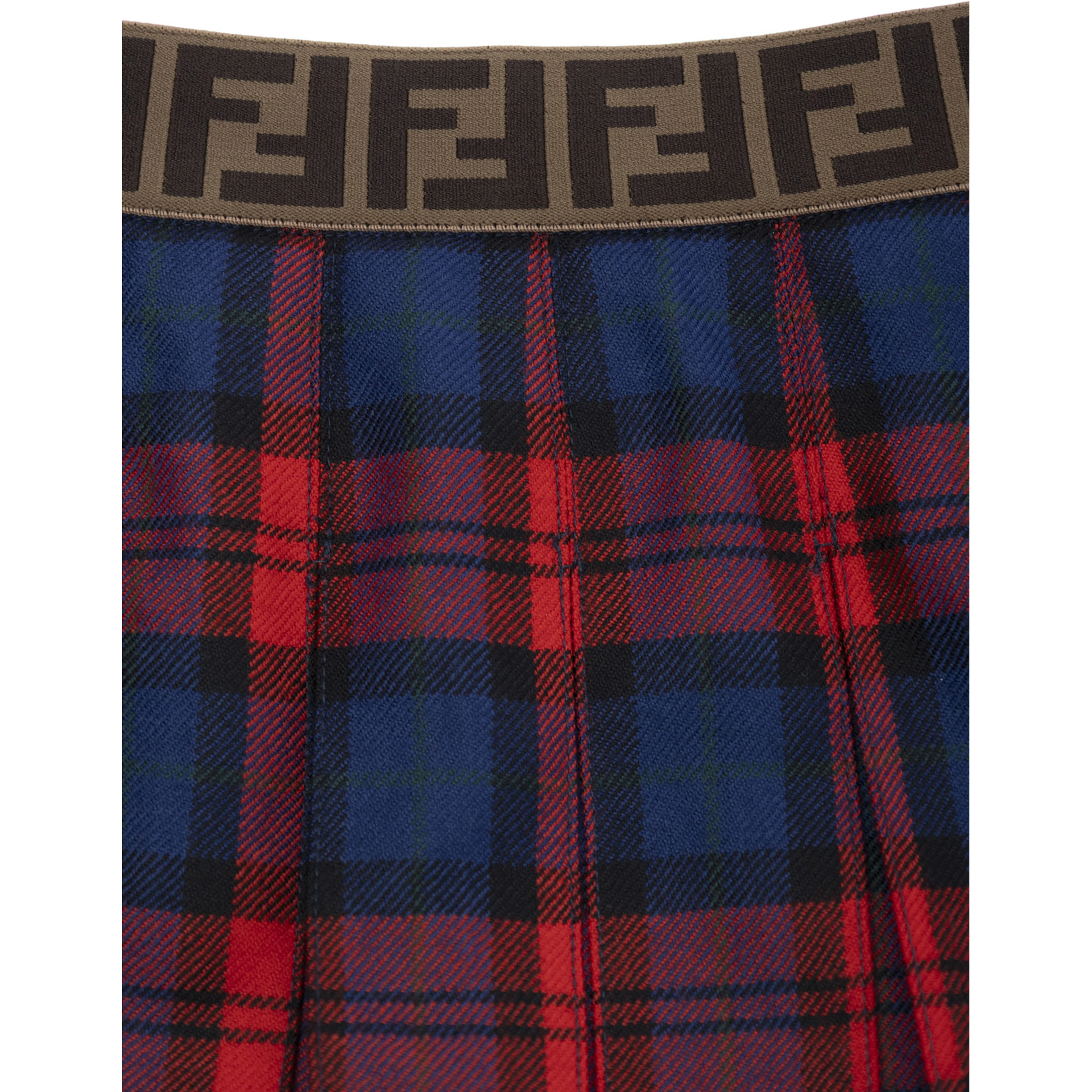 Red Skirt with Elastic Waist with FF Logo and All-Over Plaid Motif in Wool Girl