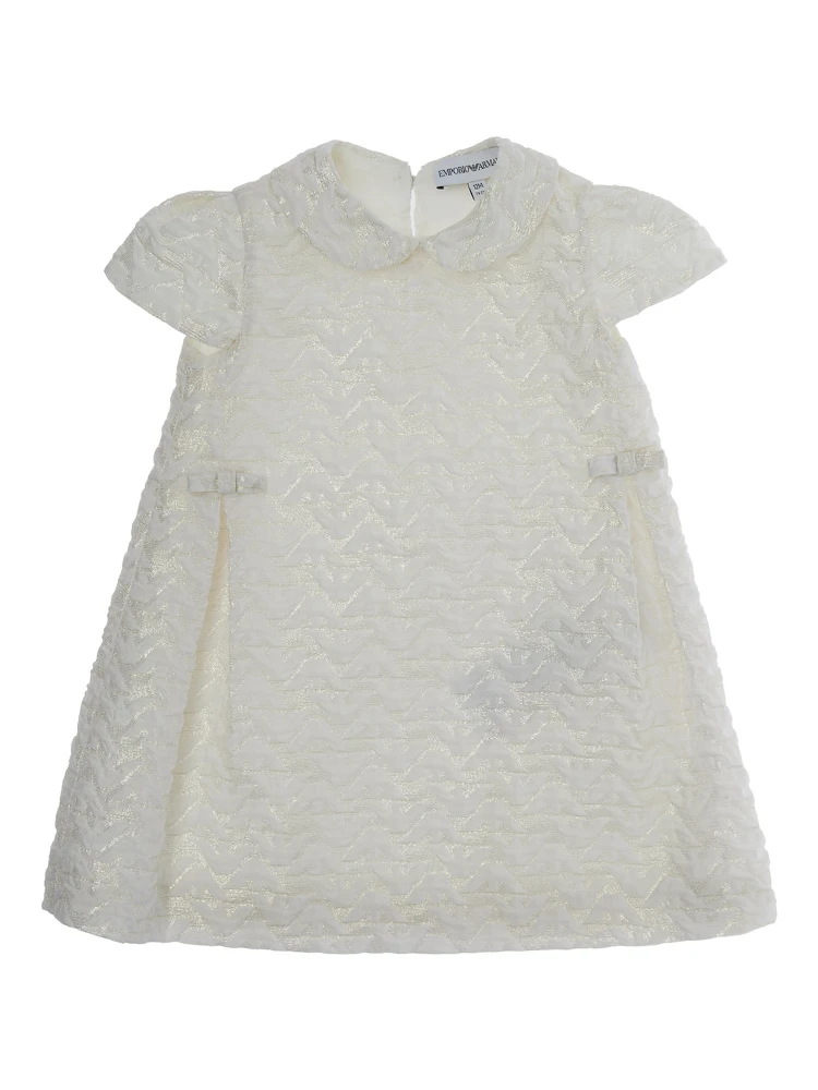 White Dress with Peter Pan Collar and All-Over Logo Embroidery in Tech Fabric Baby