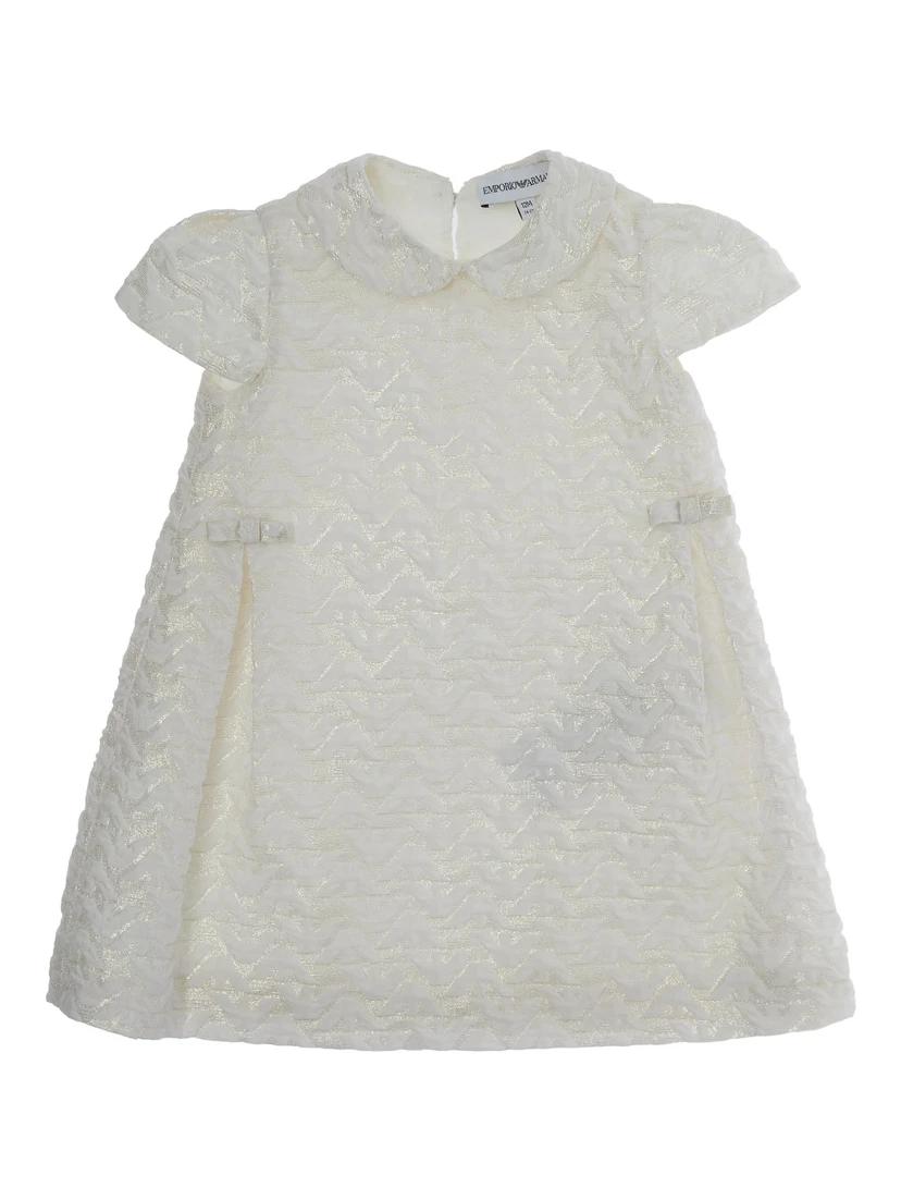 White Dress with Peter Pan Collar and All-Over Logo Embroidery in Tech Fabric Baby