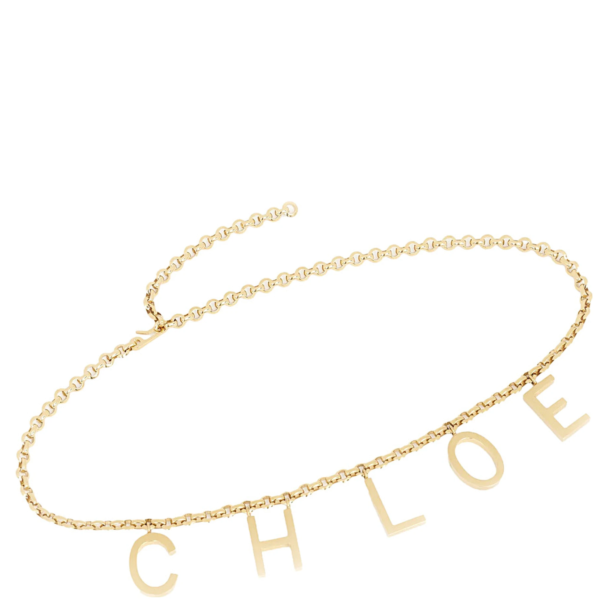 Metallic Belt with Adjustable Hook Closure and Logo Lettering Charm in Brass Woman