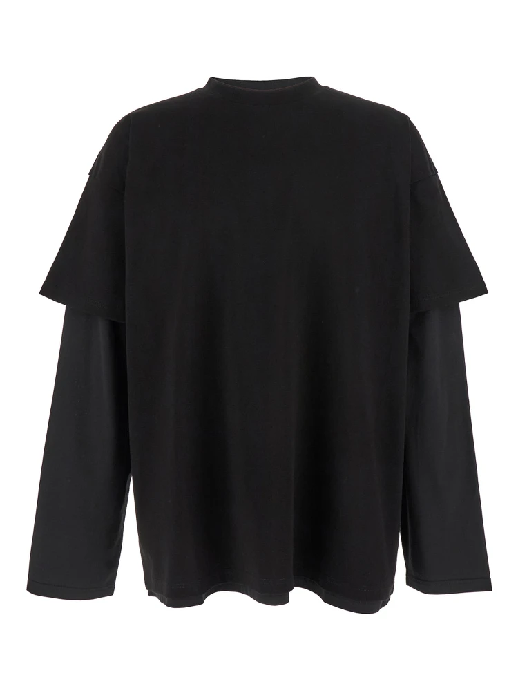 Black Crewneck T-Shirt with Logo Lettering on the Rear and Layered Design in Cotton Man