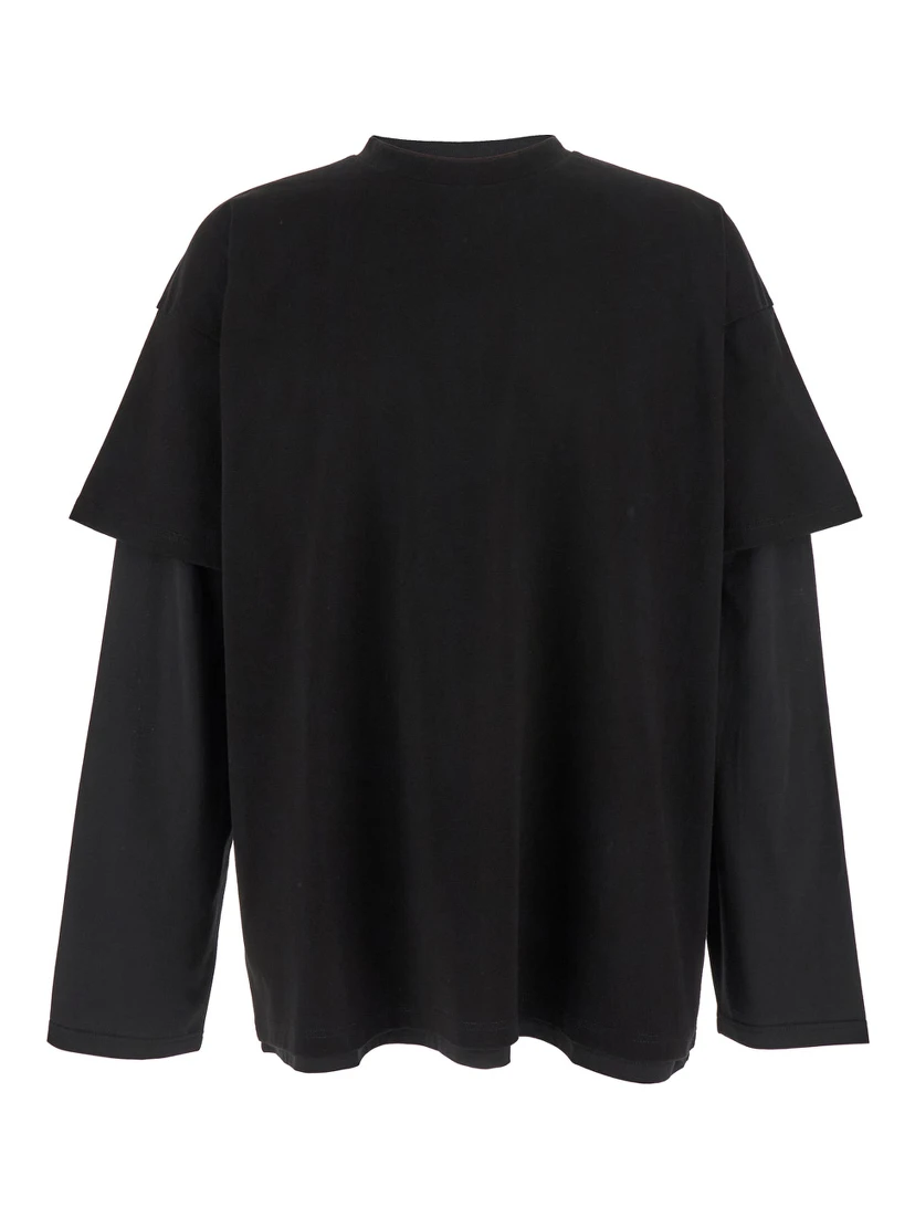 Black Crewneck T-Shirt with Logo Lettering on the Rear and Layered Design in Cotton Man