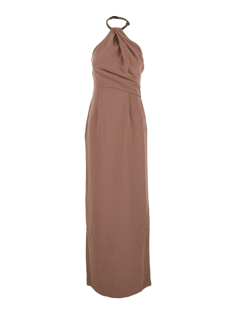 Riva Brown Long Dress with Rhinestone-Embellished Neckline and Drape Details in Twill Woman