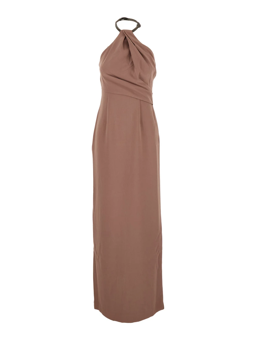 Riva Brown Long Dress with Rhinestone-Embellished Neckline and Drape Details in Twill Woman