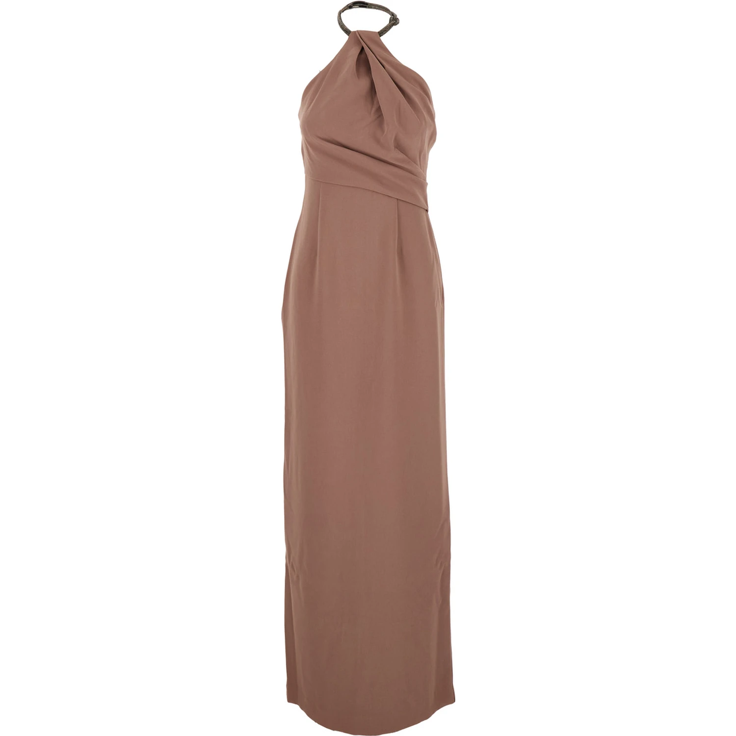 Riva Brown Long Dress with Rhinestone-Embellished Neckline and Drape Details in Twill Woman