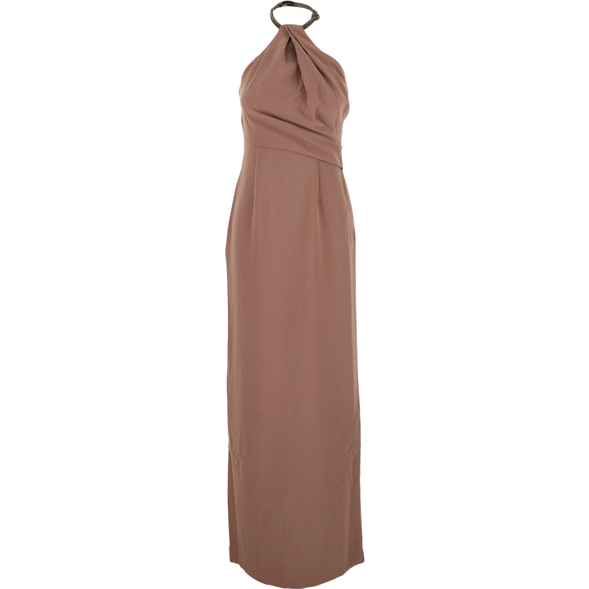 Riva Brown Long Dress with Rhinestone-Embellished Neckline and Drape Details in Twill Woman