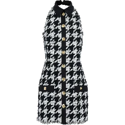 Black and White Halterneck Mini Dress with Houndstooth Motif in Tweed and Satin Woman