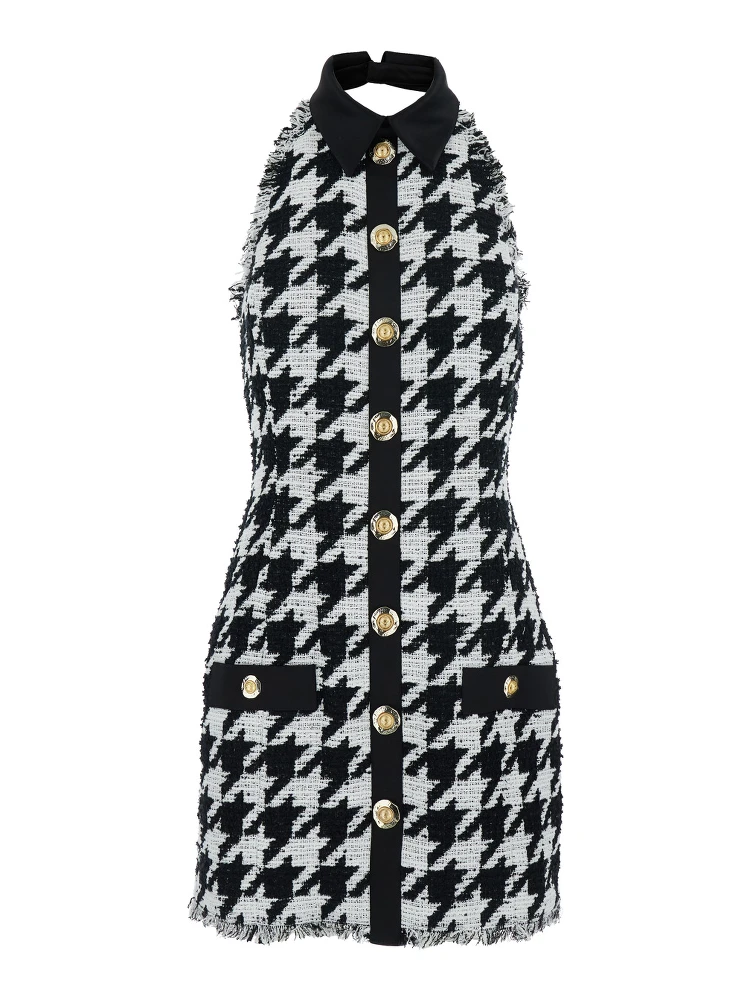 Black and White Halterneck Mini Dress with Houndstooth Motif in Tweed and Satin Woman