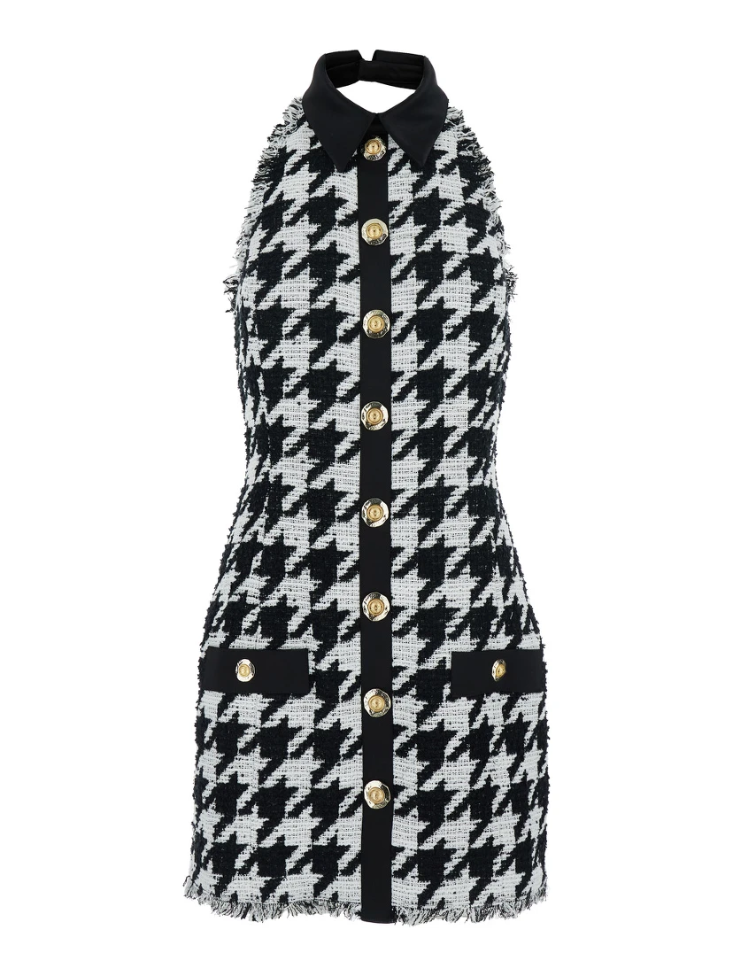 Black and White Halterneck Mini Dress with Houndstooth Motif in Tweed and Satin Woman