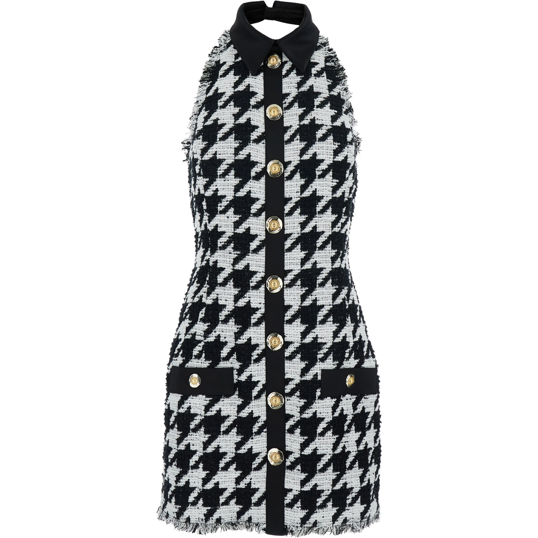 Black and White Halterneck Mini Dress with Houndstooth Motif in Tweed and Satin Woman