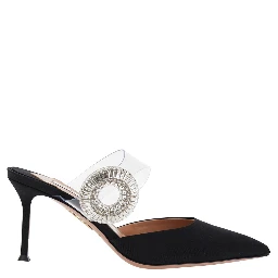 Black Slingback Mules with Crystal Embellishment and Transparent Strap in Suede Woman