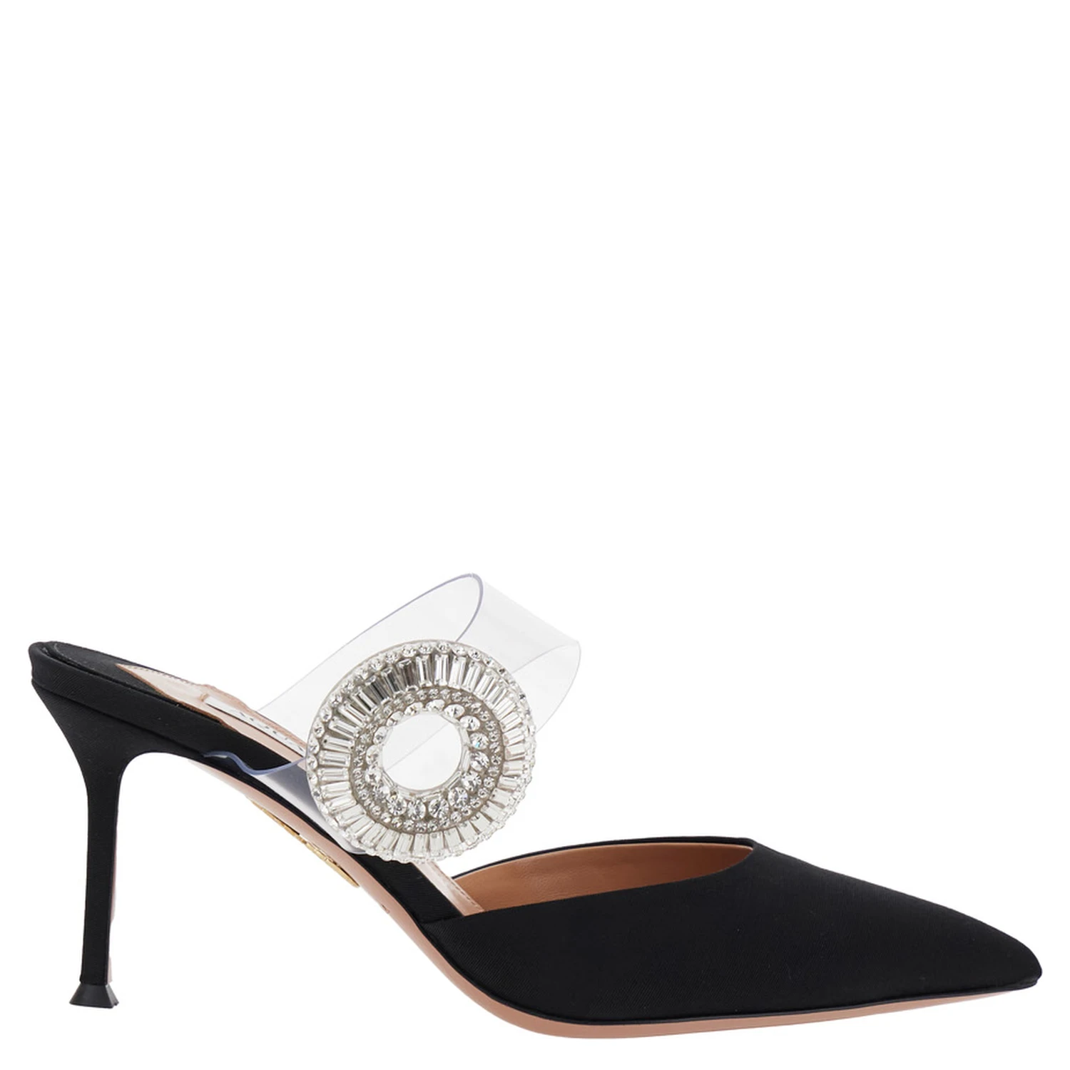 Black Slingback Mules with Crystal Embellishment and Transparent Strap in Suede Woman