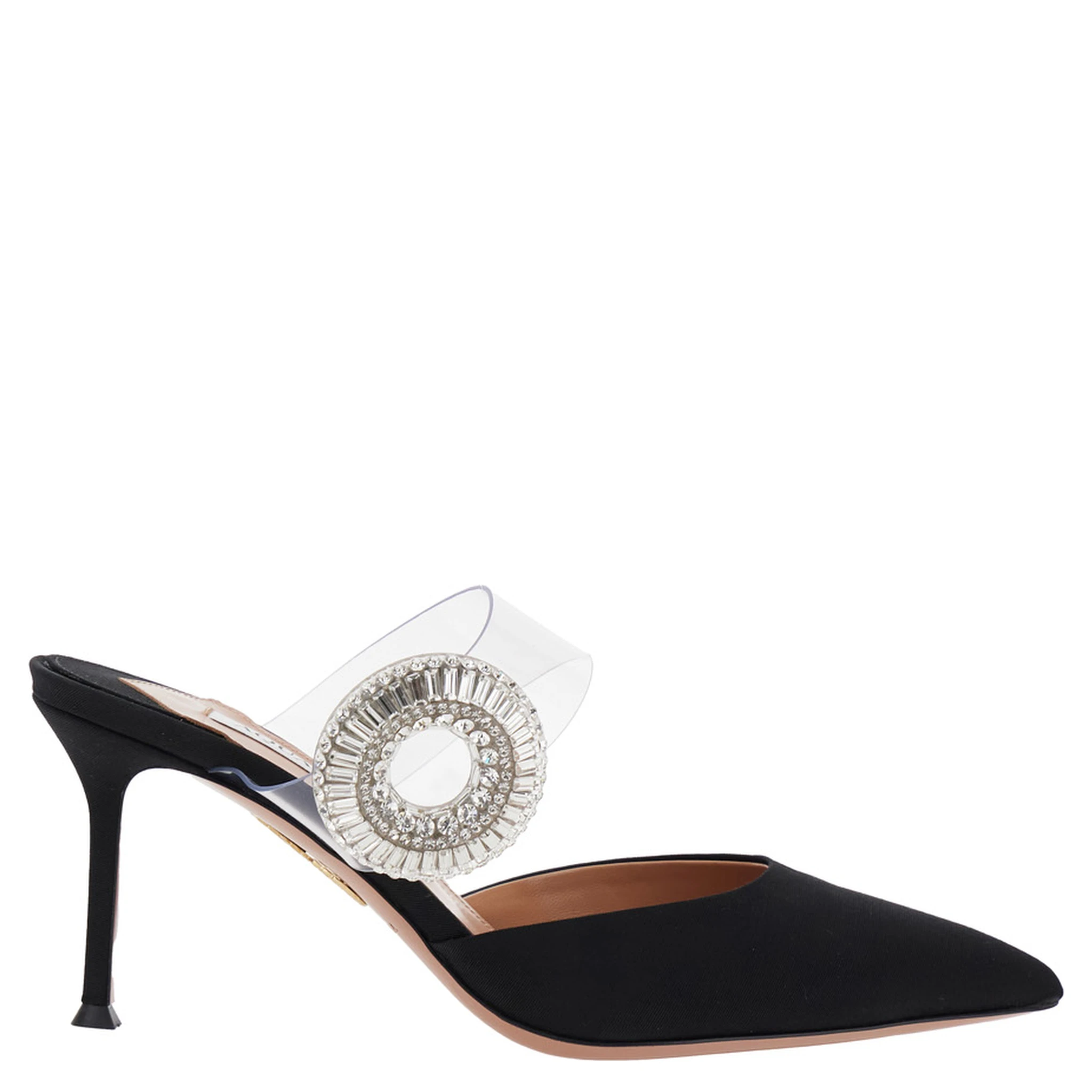 Black Slingback Mules with Crystal Embellishment and Transparent Strap in Suede Woman