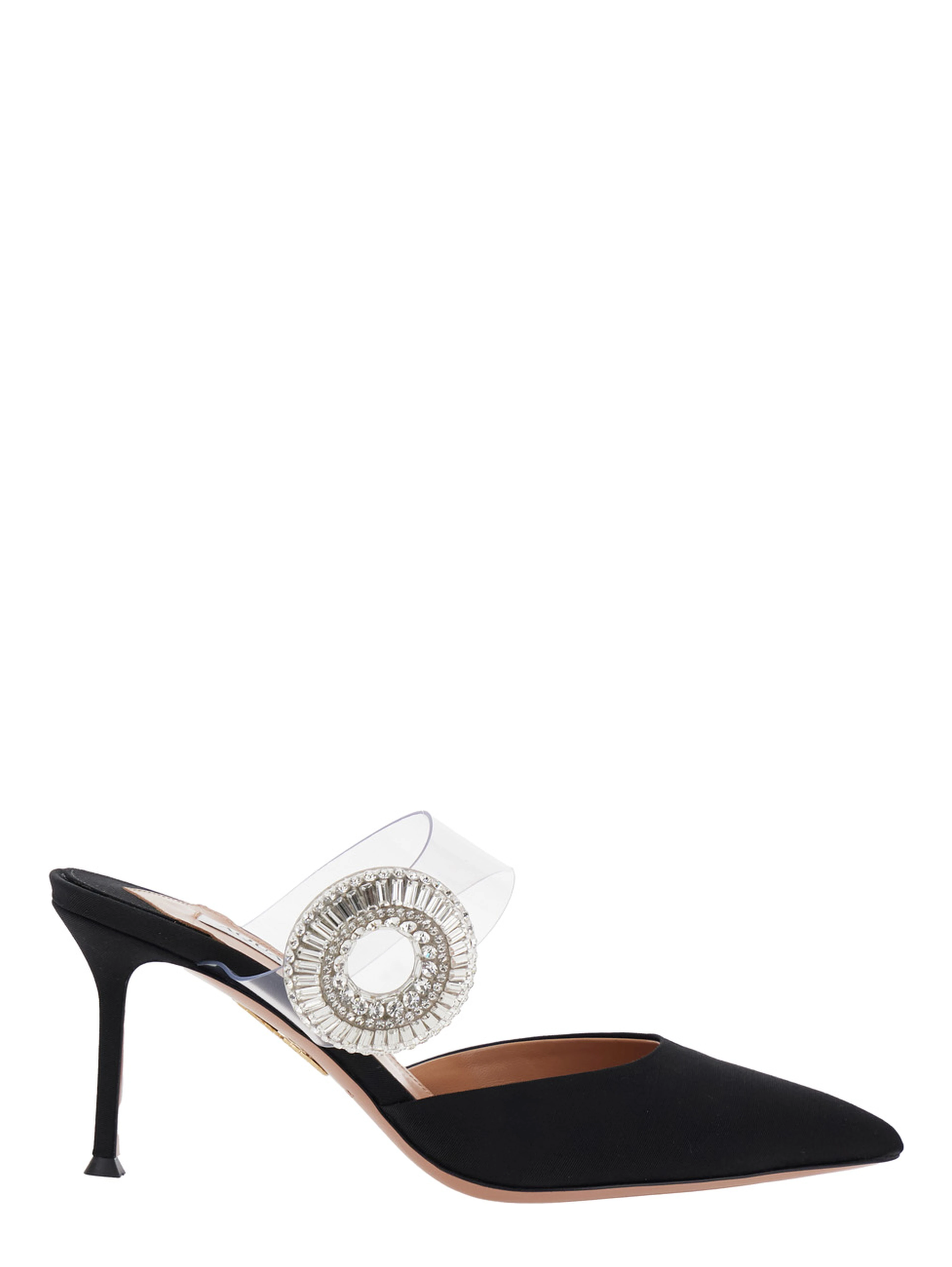 Black Slingback Mules with Crystal Embellishment and Transparent Strap in Suede Woman
