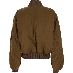 Brown Bomber Jacket with V Neck and Front Zip Closure in Tech Fabric Woman