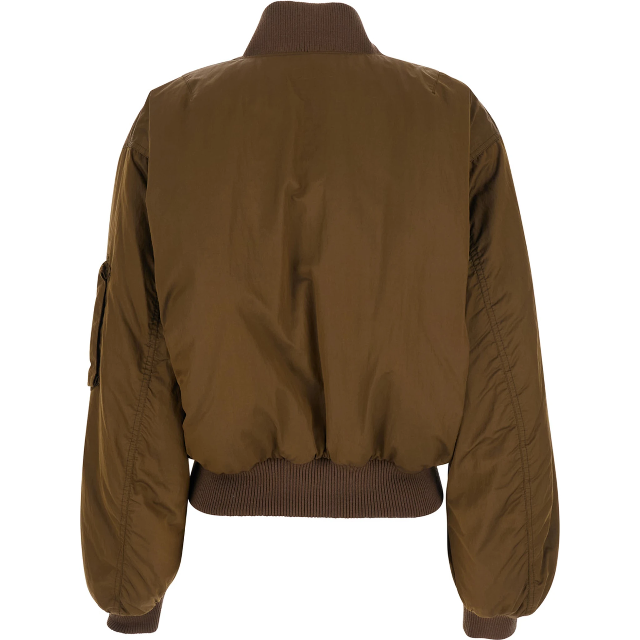 Brown Bomber Jacket with V Neck and Front Zip Closure in Tech Fabric Woman