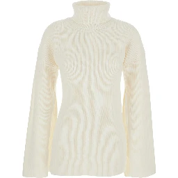 White High Neck Jumper with Ribbed Design in Wool Woman