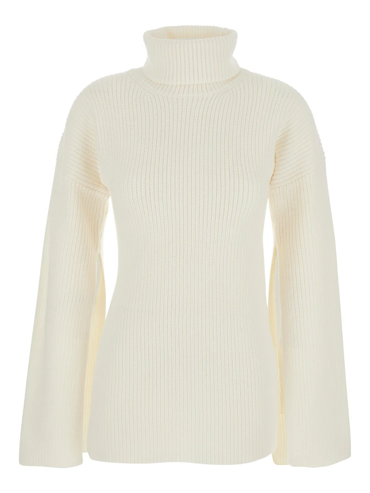 White High Neck Jumper with Ribbed Design in Wool Woman