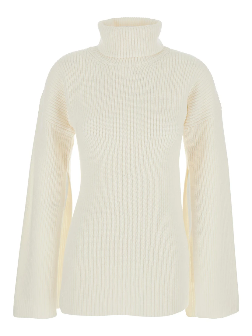 White High Neck Jumper with Ribbed Design in Wool Woman