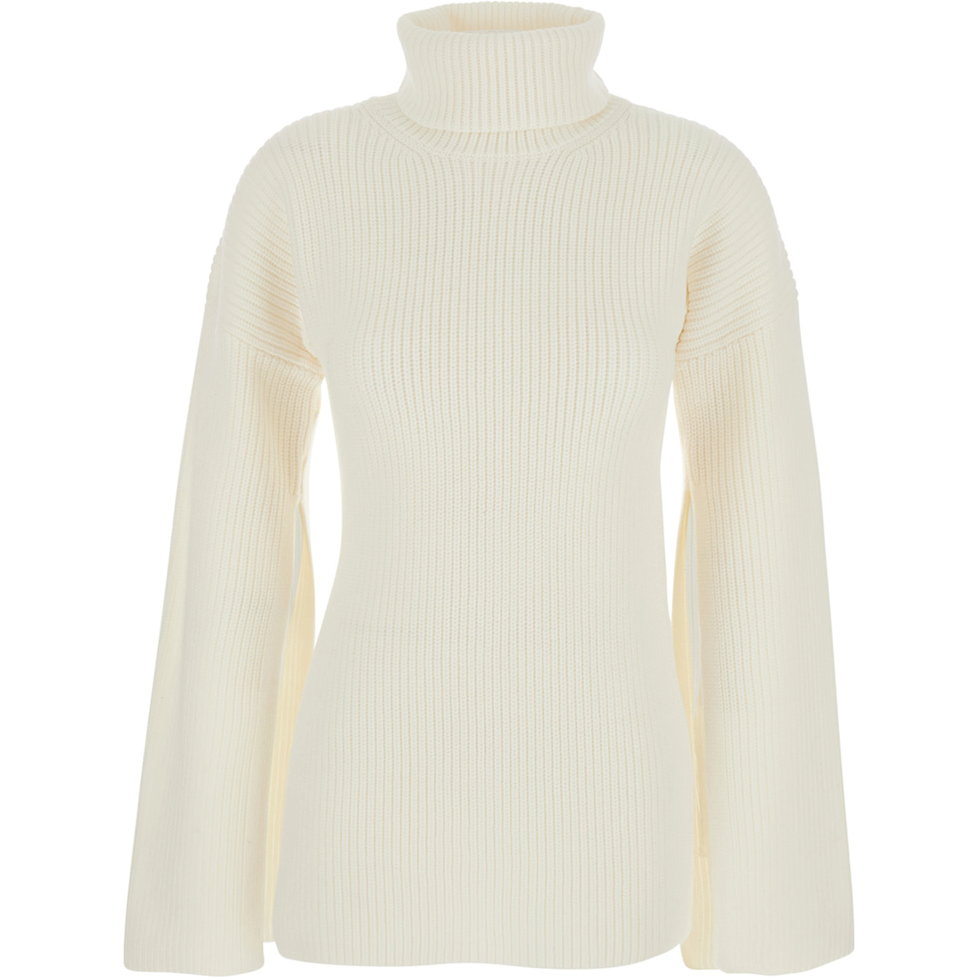White High Neck Jumper with Ribbed Design in Wool Woman