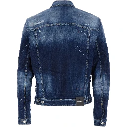 Dan Blue Jacket with Classic Collar and All-Over Painted Details in Denim Man