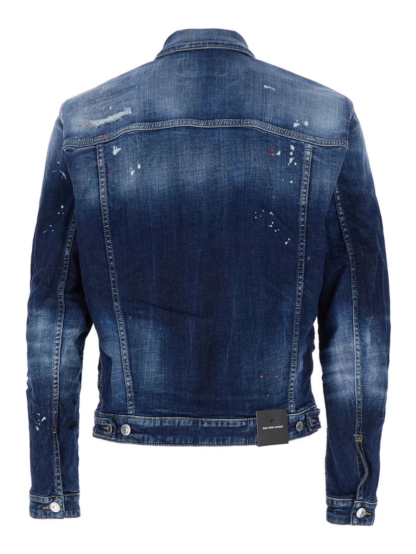 Dan Blue Jacket with Classic Collar and All-Over Painted Details in Denim Man