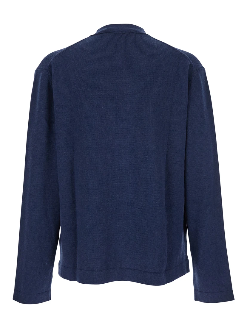 Blue V-Neck Cardigan with Orb Decoration on the Front in Cotton Man