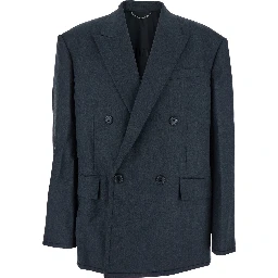 Grey Double-breasted Jacket with Peaked Revers and Patch Pockets on Front in Wool Man