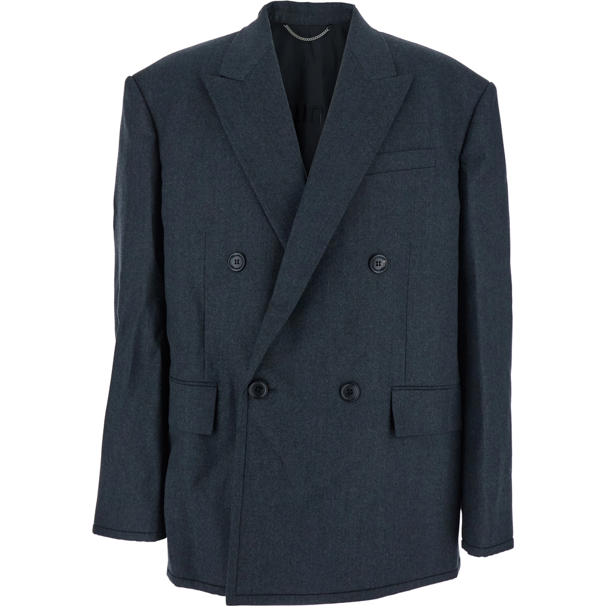 Grey Double-breasted Jacket with Peaked Revers and Patch Pockets on Front in Wool Man
