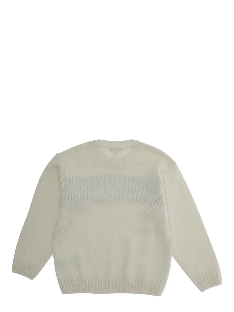 White Crewneck Sweater with Maxi Logo Lettering on the Front and Ribbed Trims in Wool Blend Boy alternative