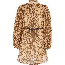 Cascadian Beige Tunic Dress with Stand-Up Collar and All-Over Leopard Print in Linen Woman