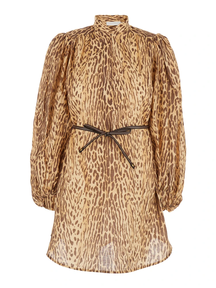 Cascadian Beige Tunic Dress with Stand-Up Collar and All-Over Leopard Print in Linen Woman